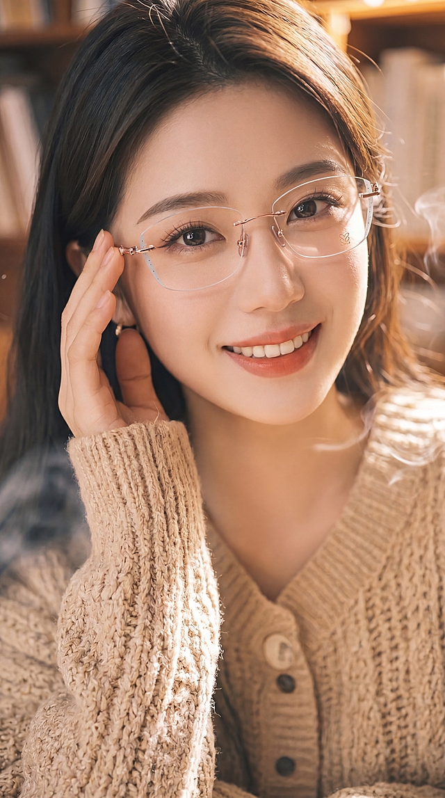 修改图片，做成女主脸部特写，女主自然微笑，做一只手推眼镜的动作，重点展示第二张图里的玫瑰金无框眼镜的细节，保持眼镜款式细节正确，保留原图暖调氛围感