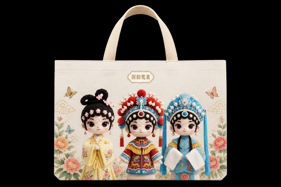文创IP周边帆布包产品图，黑色背景，融合三张国风钩织戏曲IP形象元素，契合国风文创定位，高品质4K画质，帆布包产品质感清晰，视觉干净高级，无阴影，适合印刷，具备高级设计感预览效果