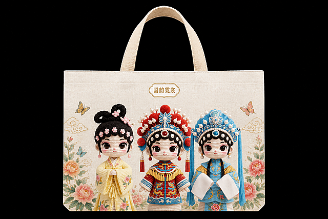 文创IP周边帆布包产品图，黑色背景，融合三张国风钩织戏曲IP形象元素，契合国风文创定位，高品质4K画质，帆布包产品质感清晰，视觉干净高级，无阴影，适合印刷，具备高级设计感