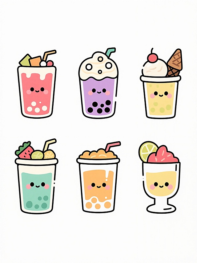 六个不同造型的卡通风格饮品插画，保持统一的白色背景、简洁线条勾勒、圆润可爱的造型和明亮色彩搭配，每个饮品具有独特的整体色调和元素组合，包含不同颜色的液体、特色配料（如珍珠、水果块、奶盖、气泡、冰淇淋球、果肉）和各异的杯型或装饰，规整排列成系列素材集合，无文字、LOGO及二维码