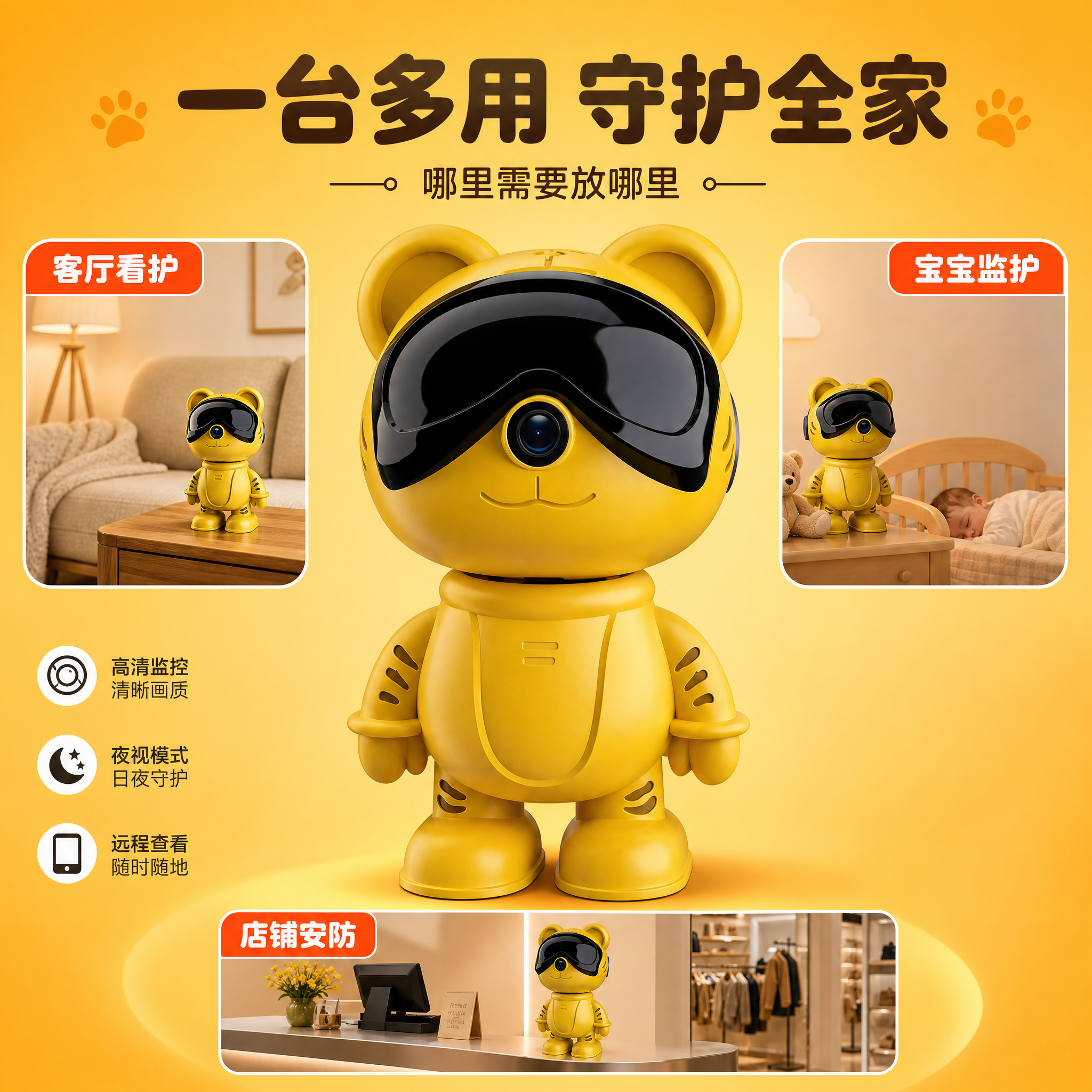 [主图-8] 卡通萌宠智能监控摄像头黄金小虎款 多场景使用主图… - 图片创意预览