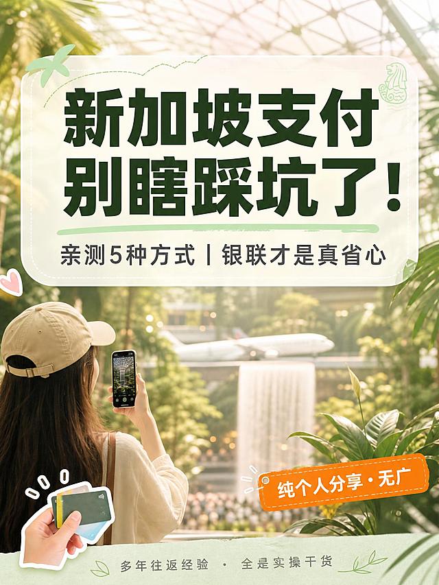 抖音图文封面页，个人旅行博主分享风格，主色调薄荷绿+奶白暖调，新加坡热带城市元素，版式精美，小红书/抖音笔记封面质感，适合信息流点击。全屏背景：虚化处理的樟宜机场热带绿植景观，暖调柔光效果，画面朦胧温暖。画面中上部：半透明白色圆角标题框，框内有主标题和副标题。主标题必须完整呈现且为画面视觉中心，逐字锁定：「新加坡支付别瞎踩坑了！」。主标题为加粗大字，深绿色或深棕色扁平粗黑体，字号大，清晰可读。副标题：「亲测5种方式｜银联才是真省心」，字体稍小，深灰色。左下角：小尺寸贴纸，手拿手机在机场打卡的局部背影，银行卡仅露无信息边角，作为装饰小元素。右下角：橙色小标签贴纸，写着「纯个人分享・无广」，白色文字。底部小字：「多年往返经验・全是实操干货」，浅灰色小字。整体氛围：温暖治愈的旅行分享感，薄荷绿与奶白色为主色调，热带绿植元素点缀。画质：高清细腻，信息层级清晰，文字完整处于安全区内不可裁切，四周留安全边距。画面比例3:4，4K。