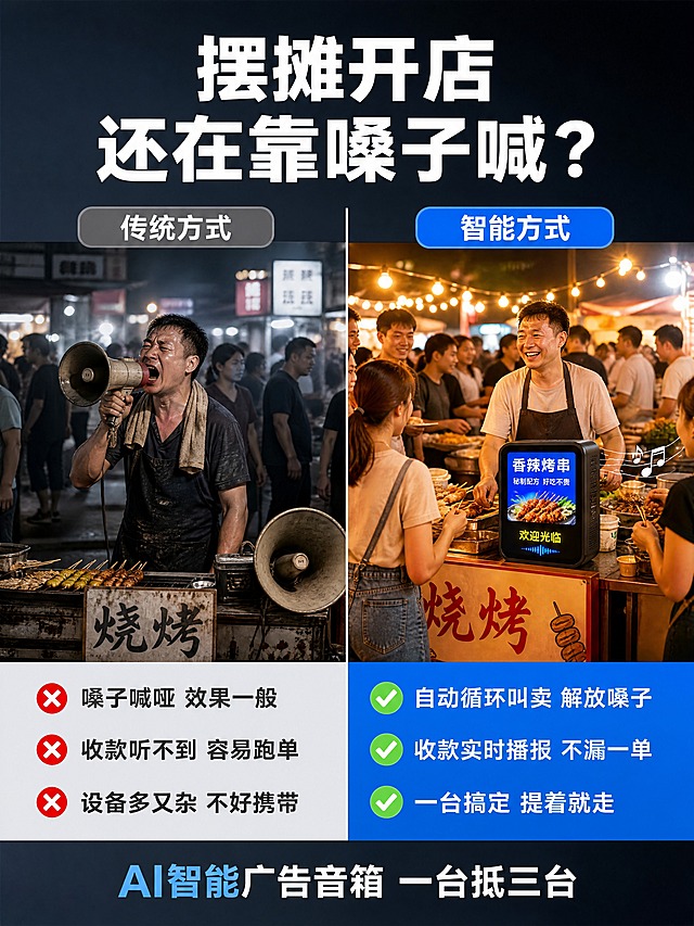 [商品] 本张为痛点引入页，不使用产品图。
[画面] 第2张 痛点直击，目标激发用户共鸣。采用左右分栏对比版式：左侧为"传统摆摊/店铺的烦恼"场景，右侧为"有了AI智能音箱后的改变"。左侧画面：夜市摆摊场景，摊主手持喇叭大声叫卖，表情疲惫，旁边放着老式大喇叭，周围人群嘈杂但顾客稀少，色调偏灰暗压抑；右侧画面：同样的摆摊场景，摊主轻松微笑，AI智能广告音箱放在摊位上自动播放，顾客围拢过来，色调明亮温暖。中间用竖线分隔，上方分别标注"传统方式"和"智能方式"。
[视觉] 套系策略：风格=真实场景对比商业摄影；标题字=无衬线粗黑体；正文字=无衬线常规体；主色=深蓝灰；背景延展=左侧冷灰调+右侧暖亮调形成对比；强调色=亮蓝色+红色；标题色=白色（深色区）/深灰色（浅色区）；正文色=中灰色；组件=对比分隔线、痛点标签、对勾叉号图标；光影=自然光效，左侧偏暗右侧偏亮，形成情绪对比。
[文字] 顶部大标题白色粗黑体："摆摊开店 还在靠嗓子喊？"。左侧痛点区3条深灰色文字配红色叉号："嗓子喊哑 效果一般" "收款听不到 容易跑单" "设备多又杂 不好携带"。右侧解决区3条白色文字配绿色对勾："自动循环叫卖 解放嗓子" "收款实时播报 不漏一单" "一台搞定 提着就走"。底部小字："AI智能广告音箱 一台抵三台"。所有文字横排，手机端可读。
[规格] 比例3:4竖版，4K，避免变形、错字、文字过小、平台Logo、水印、二维码、绝对化用语、贬损竞品。