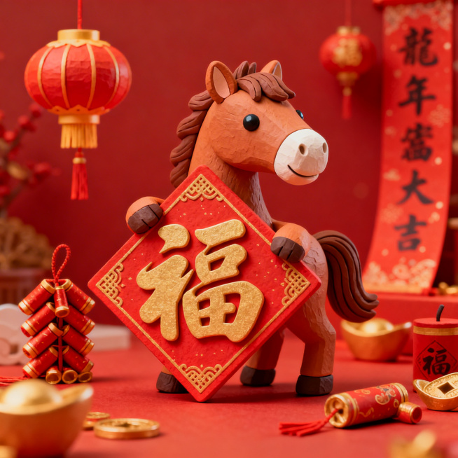一只精致的立体小马拿着一个福字，图片尺寸为正方形，整体氛围是红色春节的视觉感，加上一些春节元素做背景，福字要大一些，占到整个画面的25%预览效果