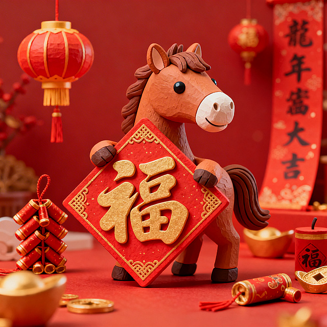 一只精致的立体小马拿着一个福字，图片尺寸为正方形，整体氛围是红色春节的视觉感，加上一些春节元素做背景，福字要大一些，占到整个画面的25%