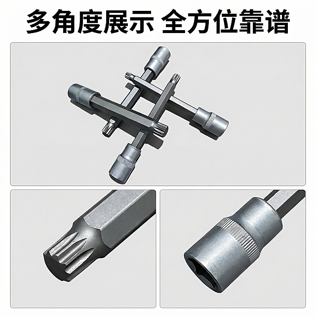 [主图 4] 五金扳手多维度展示拼图
[氛围/风格] 专业直观展示，干净清爽，质感统一
[画面元素] 浅灰色纯色背景，采用拼图布局放置三张原产品不同角度细节图，分别展示产品整体、头部、套筒三个部分，三张图光影风格统一，背景统一为浅灰色，每张图之间留细白边分割，兼顾全貌与细节
[配色色系] 浅灰色背景，产品保持原银灰金属色
[视角构图] 拼图版式，三图错落排布，整体画面平衡
[文字版式] 顶部主标题 “多角度展示 全方位靠谱” 加粗黑色字体，文字不遮挡产品主体
[比例分辨率] 1:1 比例，2k 分辨率
