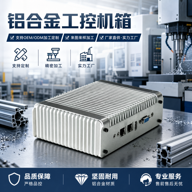 铝合金工控机箱，突出支持OEM/ODM加工定制、来图来样加工服务卖点，工厂实力工业风格，1688平台电商主图预览效果