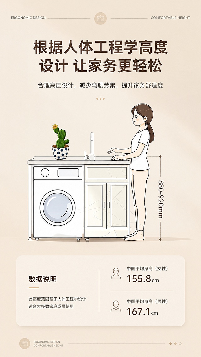 重新设计这张人体工程学高度详情页，高级简约奶油风，与主图风格匹配。要求：1. 中间的人体工程学示意图（人物、柜体、尺寸标注880-920mm）完全保留不变；2. 背景底色加深为深奶油色/奶咖色，温暖有质感；3. 顶部标题文字（根据人体工程学高度设计 让家务更轻松）改为简约现代无衬线粗体字，去掉可爱圆润字体和蓝色底纹；4. 底部文字（国平均身高：155.8（女性）/167.1（男））也改为简约字体，去掉粉色可爱底纹；5. 添加高级奶油风详情页元素：顶部精致标题栏，尺寸标注用精致引导线设计，底部加数据说明卡片，整体排版高级有序；6. 整体风格高级大气，不要可爱风，与主图奶油风统一；7. 比例9:16，4K分辨率。