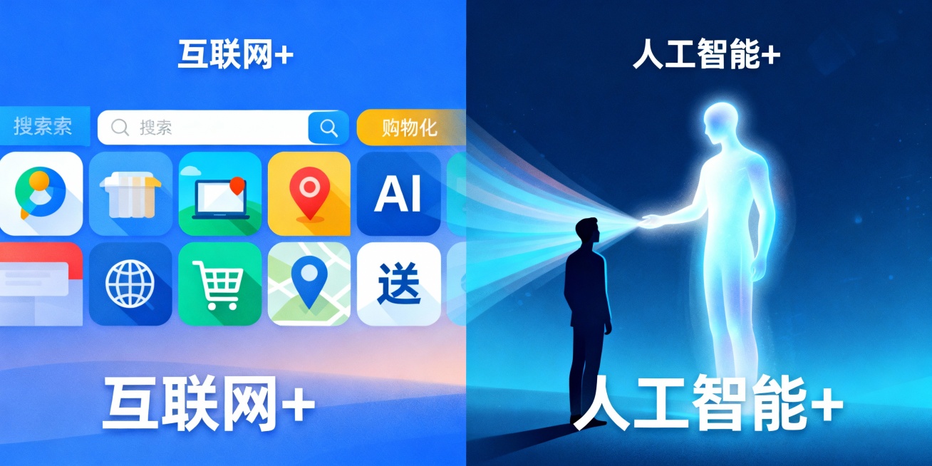 左右分屏对比图。左侧是“互联网 ”时代，用搜索框、购物车、地图等扁平化图标拼接；右侧是“人工智能 ”时代，一个发光的、无形的AI形象主动将信息、服务“推送”到人物剪影身边。预览效果