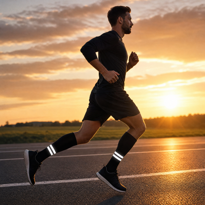 Side view of runner at dusk on asphalt track. Sunset on running track, low angle golden sunlight. Ru预览效果