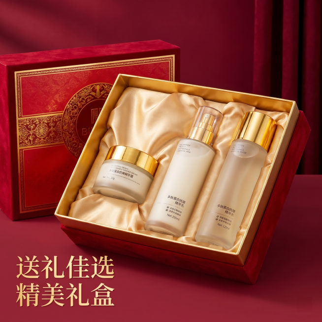 [主图 7] 礼盒包装展示
[氛围风格] 大气精致，适合送礼
[画质] 超写实摄影，清晰质感，高级真实
[元素] 多肽蛋白抗皱三件套放置在精美礼盒中，礼盒是红金配色，盒盖打开，产品整齐摆放，三件套产品预览效果