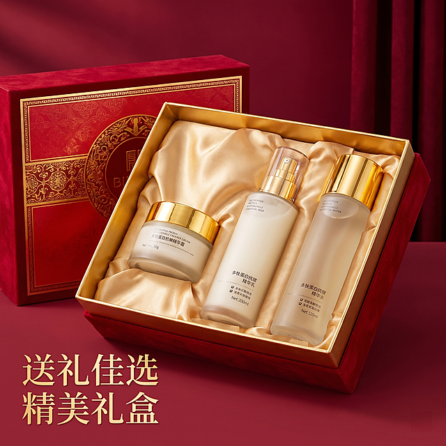 [主图 7] 礼盒包装展示
[氛围风格] 大气精致，适合送礼
[画质] 超写实摄影，清晰质感，高级真实
[元素] 多肽蛋白抗皱三件套放置在精美礼盒中，礼盒是红金配色，盒盖打开，产品整齐摆放，三件套产品保持原有外观与颜色不变，背景简约深红色，突出礼盒包装
[光影] 柔和均匀光线，突出礼盒质感，产品清晰明亮
[配色] 红金配色，大气喜庆，适配送礼场景
[文字版式] 左下角文字"送礼佳选 精美礼盒"，字体醒目大方，不遮挡主体
[比例分辨率] 1:1 比例，2k分辨率，超高清
[负向提示词] 产品变形，包装失真，文字错乱