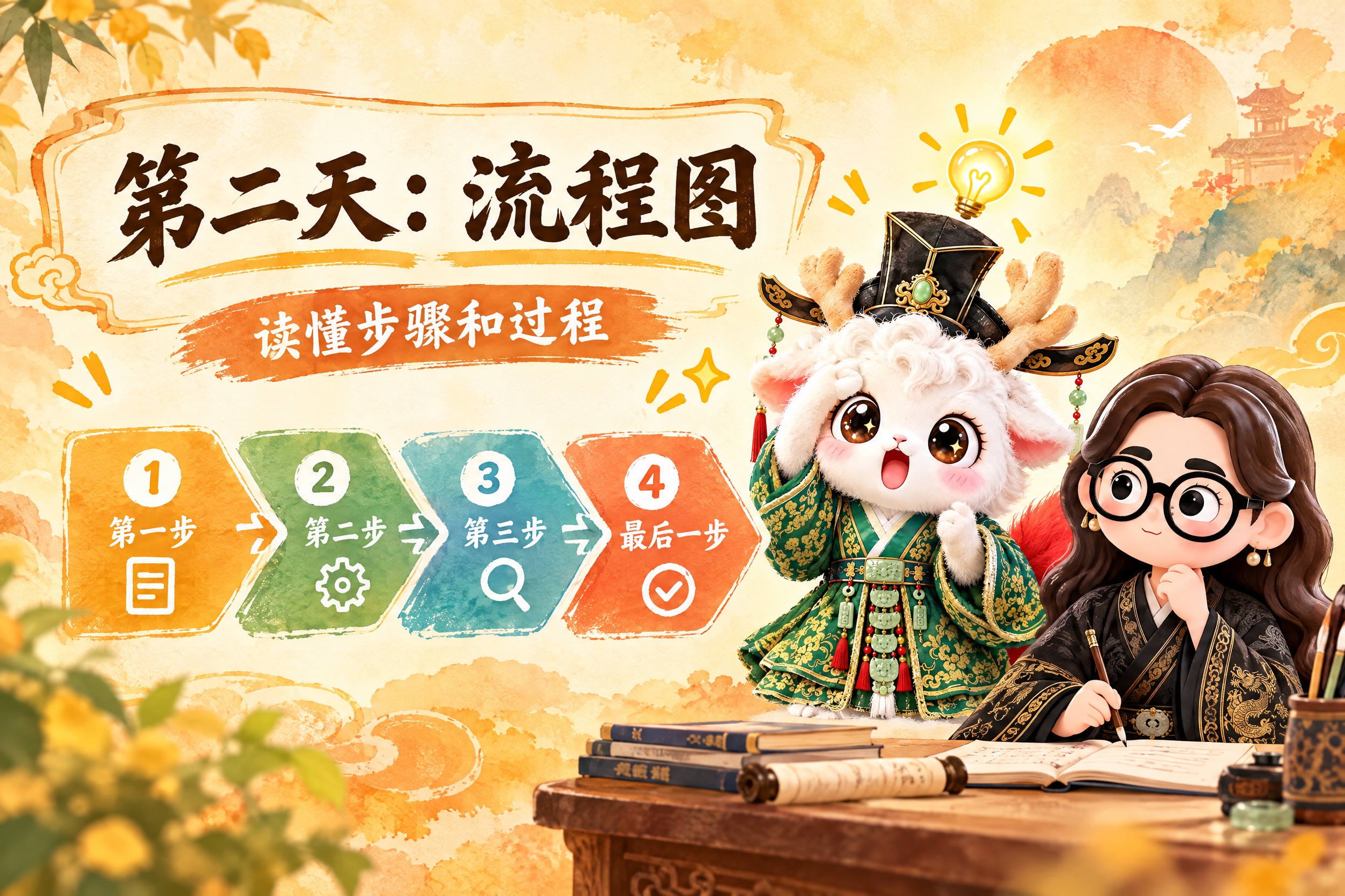 横版6寸比例的课程标题页设计，大标题为"第二天：流程图"，副标… - 图片创意预览