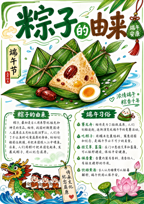 马克笔手绘风格端午节海报，主题为粽子的由来介绍，标题醒目写有"粽子的由来"，搭配手绘粽子和粽叶插画，保留马克笔鲜明笔触，整体海报排版清晰，尺寸为210mm×297mm竖版预览效果