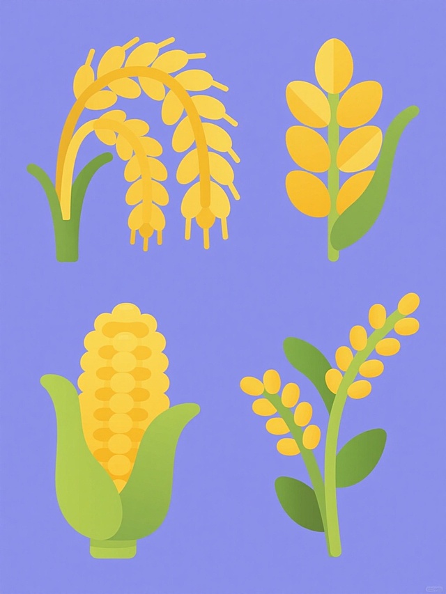 一套四个不同谷物元素的系列插画，保持与原图一致的扁平卡通风格，明亮的色彩，简洁的线条和渐变填充。每个元素独立呈现，分别是饱满的金黄色稻穗、下垂的金黄色小麦麦穗、颗粒圆润的金黄色玉米棒子和饱满的金黄色高粱穗，每个谷物都有绿色的茎和叶子，所有元素规整排布在纯色背景上，构图均衡，视觉统一。
