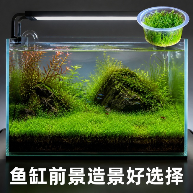 [主图-10] 迷你牛毛水草最终信任收口图。[氛围风格] 自然真实造景成品，种草氛围浓厚。[画质] 商业摄影质感、光线柔和通透、产品清晰真实、画面干净高级。[元素] 完整鱼缸造景成品图，前景整片迷你牛预览效果