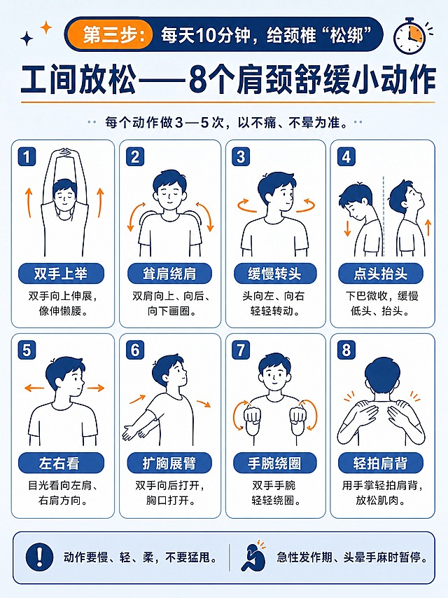 生成一张竖版3:4健康科普信息图插画（扁平矢量风格，深蓝主色+灰蓝，橙色小面积强调，与“打工人颈椎自救指南”系列统一）。顶部步骤标签：“第三步：每天10分钟，给颈椎‘松绑’”，下方大标题：“工间放松——8个肩颈舒缓小动作”。主体为8格卡片式网格排版（像“颈椎操卡片”），每格配一个简洁线性简笔画小人动作图、动作名称和一句话说明：1) 双手上举：双手向上伸展，像伸懒腰。2) 耸肩绕肩：双肩向上、向后、向下画圈。3) 缓慢转头：头向左、向右轻轻转动。4) 点头抬头：下巴微收，缓慢低头、抬头。5) 左右看：目光看向左肩、右肩方向。6) 扩胸展臂：双手向后打开，胸口打开。7) 手腕绕圈：双手手腕轻轻绕圈。8) 轻拍肩背：用手掌轻拍肩背，放松肌肉。标题下方小字注明：“每个动作做3—5次，以不痛、不晕为准。”底部提示条：“动作要慢、轻、柔，不要猛甩。急性发作期、头晕手麻时暂停。”背景浅色，排版清晰，无照片，无水印。