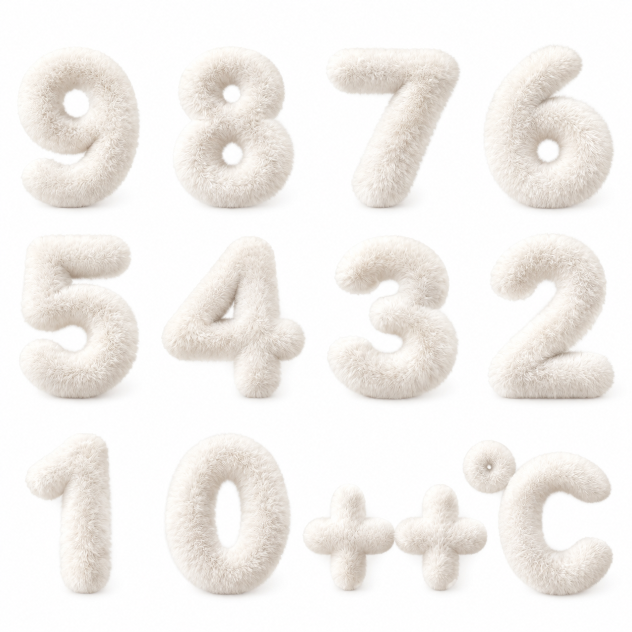 将图中的橙色毛绒数字和符号改为纯白色羊绒质感，保持数字0-9、… - 图片创意预览