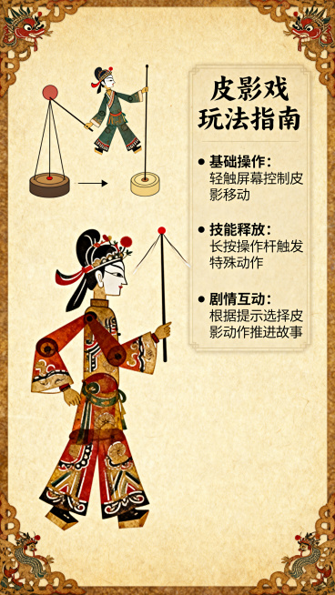非遗文化皮影戏主题的竖版手机游戏游戏玩法介绍页面设计，左侧展示皮影操作示意图，右侧为文字说明区域，米黄色纸张背景，搭配皮影边框装饰，传统国风排版设计预览效果