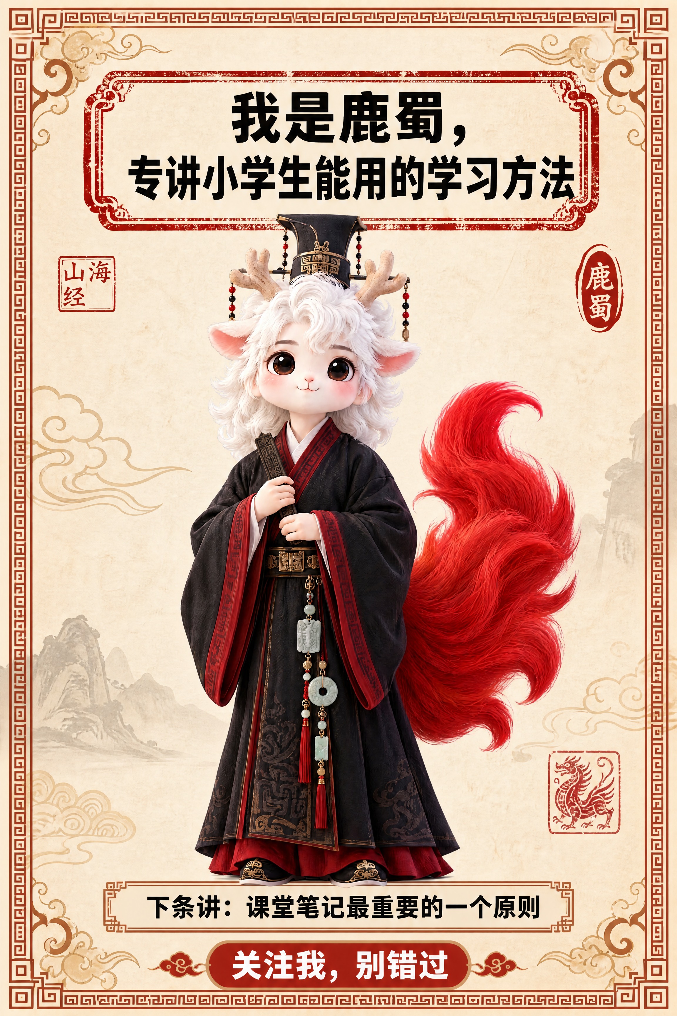 小红书笔记结尾页，统一模板，国风山海经风格，米黄色宣纸纹理背景… - 图片创意预览