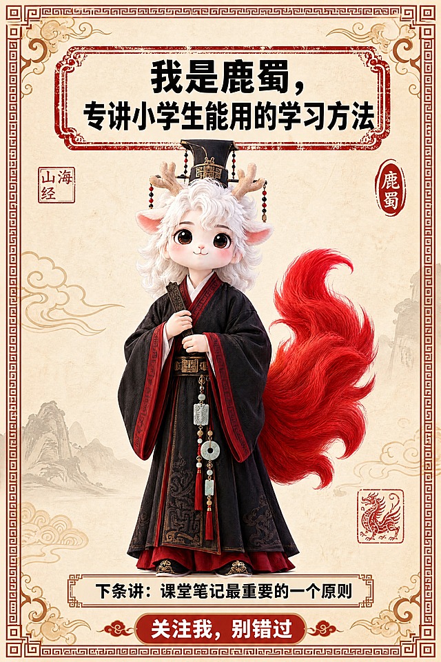 小红书笔记结尾页，统一模板，国风山海经风格，米黄色宣纸纹理背景、朱红色印章式标题框、回纹边框、祥云卷草纹边角装饰，整体典雅国风气韵。版式精美，小红书笔记封面质感。主标题逐字锁定：「我是鹿蜀，专讲小学生能用的学习方法」。主标题置于画面上方朱红色印章式框内，黑色粗黑体，字号醒目。中间配图：鹿蜀小神兽全身像（黑红金古装，手持竹简，红尾巴）抠图置于画面中央偏左，大小占画面约 50%，形象完整清晰。下方预告文字逐字锁定：「下条讲：课堂笔记最重要的一个原则」，置于回纹细线框内。最底部关注引导逐字锁定：「关注我，别错过」，朱红色底白字，醒目突出。装饰：四周加回纹细线边框；角落加祥云或卷草纹点缀；加少量国风印章元素。整体氛围：国风典雅、IP人设强化、引导关注。画质：高清细腻，信息层级清晰，文字与背景强对比，所有文字完整处于安全区内不可裁切，四周留安全边距。图生图：【图1】= 黑红古装鹿蜀小神兽全身像抠图，作为IP主体形象展示。画面比例 2:3，4K。