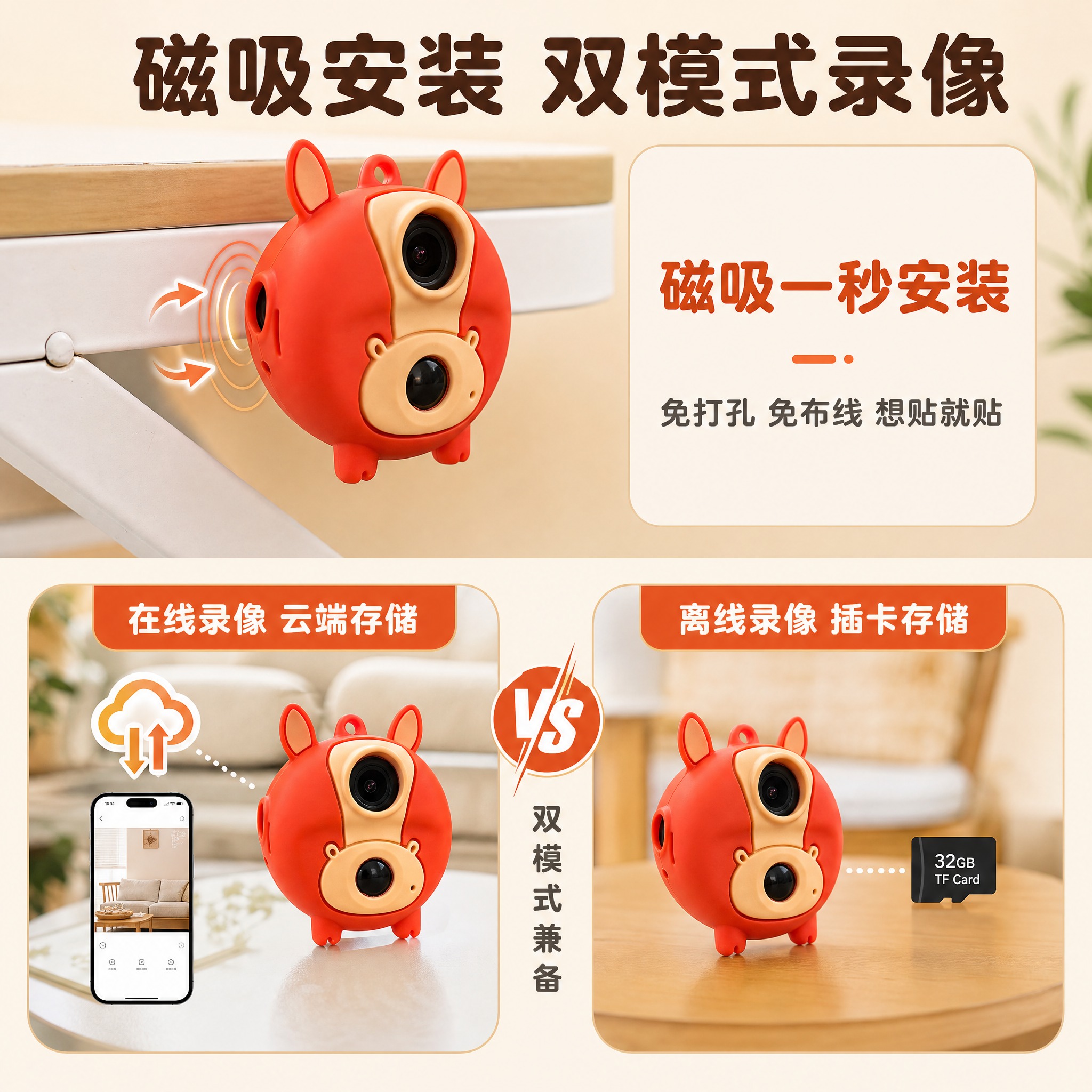 [主图-3] 磁吸安装+双录像模式产品证据图，展示安装方式和功… - 图片创意预览