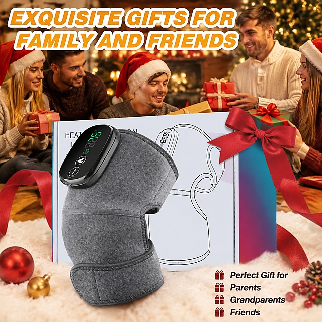 Gift giving holiday main image. Warm festive background with Christmas party scene blurred in background showing people exchanging gifts, Santa hats, red ribbons and gift boxes. Foreground features the gray knee massager in front of its colorful gift box tied with a large red bow. Top has large bold title 'EXQUISITE GIFTS FOR FAMILY AND FRIENDS' in orange with white outline. Bottom right has small text 'Perfect Gift for Parents Grandparents Friends'. Product appearance consistent with input image. Warm festive atmosphere, soft bokeh background, product sharp in focus. Commercial holiday gift photography style, Amazon listing quality. 1:1 ratio, all text in English. Negative prompts: deformation, text disorder, blurry product, Chinese text, watermark, Asian faces.
