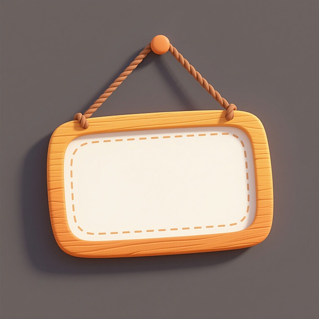 一个悬挂式木质指示牌，主体为圆角矩形结构，采用温暖的橙黄色木质边框，边框内侧有一圈细密的虚线装饰，悬挂绳为同色系的棕色麻绳，整体呈现简约卡通风格，画面干净留白，无任何文字和图案，仅保留木质纹理和阴影细节，营造出温馨自然的氛围。