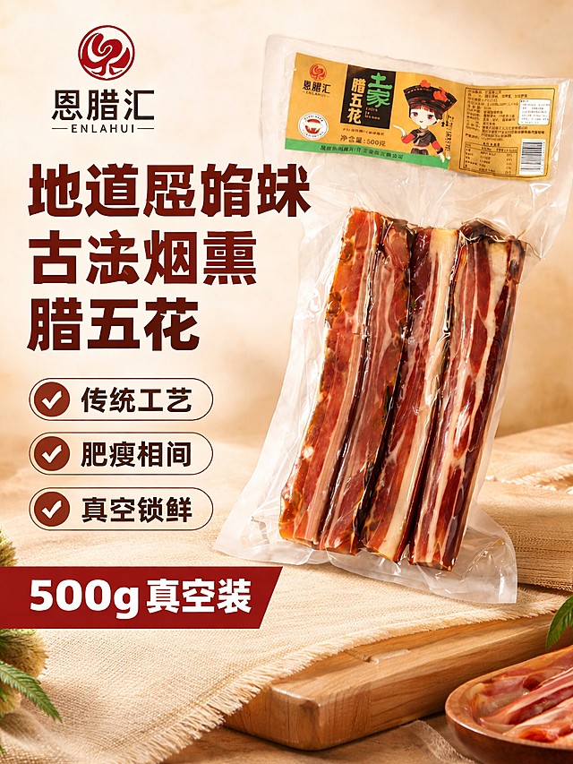 [第1屏] 详情页头图，土家老灶烟熏腊五花产品海报宣传。本屏使用【图1】作为商品主体。
[氛围/风格] 接地气食欲风，暖棕色背景，拼多多风格，商业食品摄影质感，突出腊肉的诱人色泽。
[元素布局] 真空包装腊五花置于画面右侧，占比约70%；左侧预留文案区域，底部增加纹理装饰；保持产品包装结构、材质、颜色与输入产品图一致。
[光影质感] 正面柔光打光，产品表面保留清晰油润光泽，背景柔和过渡，整体明暗层次分明。
[配色色系] 全局底色 #F5EADC，主色棕红，辅助色深棕文字、米黄装饰。
[视角构图] 正面平视，产品为绝对视觉中心，阅读动线从上到下自然流畅。
[文字版式] 左文右图排版，左上角主标题「地道恩施味」，副标题「古法烟熏腊五花」，使用圆角粗黑体，棕红色字左对齐；下方三个卖点标签「传统工艺 肥瘦相间 真空锁鲜」，圆角底框配深棕文字；右下角标注净含量「500g真空装」，所有文字清晰不遮挡产品主体。
[比例分辨率] 3:4竖版比例，4K分辨率，文字清晰可辨，高清画质。
[负向提示词] 产品变形，包装文字错乱，颜色偏差，水印，文字过小，背景杂乱，违规极限词