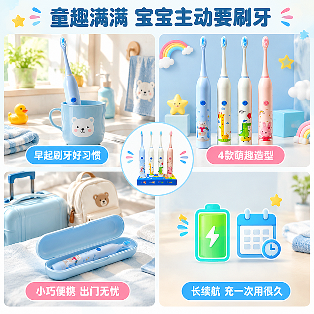 [主图-4] 使用场景+长续航便携，主题：童趣外观 宝宝爱上刷牙 长续航出门无忧。拼多多风格，真实场景代入感。
[统一基调] 整体风格为软萌童趣母婴风，背景主色奶油白+浅蓝渐变，标题字色为深天蓝，辅助字色为深灰色，强调色为珊瑚粉；字体用圆润粗黑体；卖点标签用圆角胶囊形；整体干净通透、自然柔光、宝宝肌肤友好感。
[画面] 画面为2×2宫格布局，四个场景分别展示：左上-清晨卫生间宝宝刷牙场景（可爱儿童浴室，牙刷放在漱口杯旁，阳光从窗户照入）；右上-童趣外观特写（4支牙刷并排展示卡通图案，有小星星彩虹装饰）；左下-便携出行（牙刷放进小巧旅行盒，旁边有小行李箱/背包）；右下-长续航示意（电池图标+日历图标，表示续航持久）。每个宫格有简短标签。中心区域可放一个小圆形产品图作为视觉锚点。
[光影质感] 每个场景都是柔和自然光，温暖明亮的家庭氛围，产品在各场景中自然融入，光影统一，质感一致。
[配色] 整体暖白+浅蓝调，四个宫格背景色略有区分但统一在浅色系内，标签色统一用圆角浅蓝/浅粉胶囊。
[文字版式] 顶部大标题：「童趣满满 宝宝主动要刷牙」，粗体圆润黑体；四个宫格各有底部标签：左上「早起刷牙好习惯」、右上「4款萌趣造型」、左下「小巧便携 出门无忧」、右下「长续航 充一次用很久」。宫格版式，与前三张版式明显不同。
[输出要求] 1:1正方形，2048px，文字清晰可读，产品清晰不变形，无错字，无杂乱元素，无水印，无拼多多平台Logo，场景真实自然，不出现宝宝面部特写以避免风险。