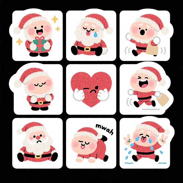 可爱卡通圣诞老人表情包，扁平插画风搭配毛发生长质感与面料纹理，萌趣喜庆，emoji风格十足，传递节日欢乐氛围。