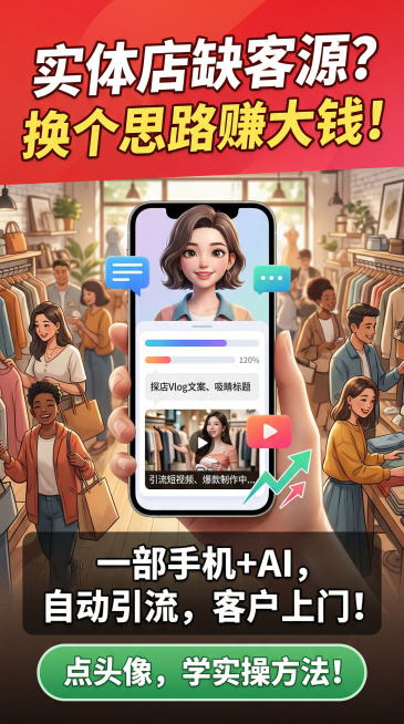 小红书风格竖版营销海报，顶部用红色渐变加粗字体写着“实体店缺客源？换个思路赚大钱！”，中间展示AI数字人在手机上操作生成文案和视频的场景，背景是热闹的门店客流画面，下方用白色字体写着“一部手机+AI，预览效果