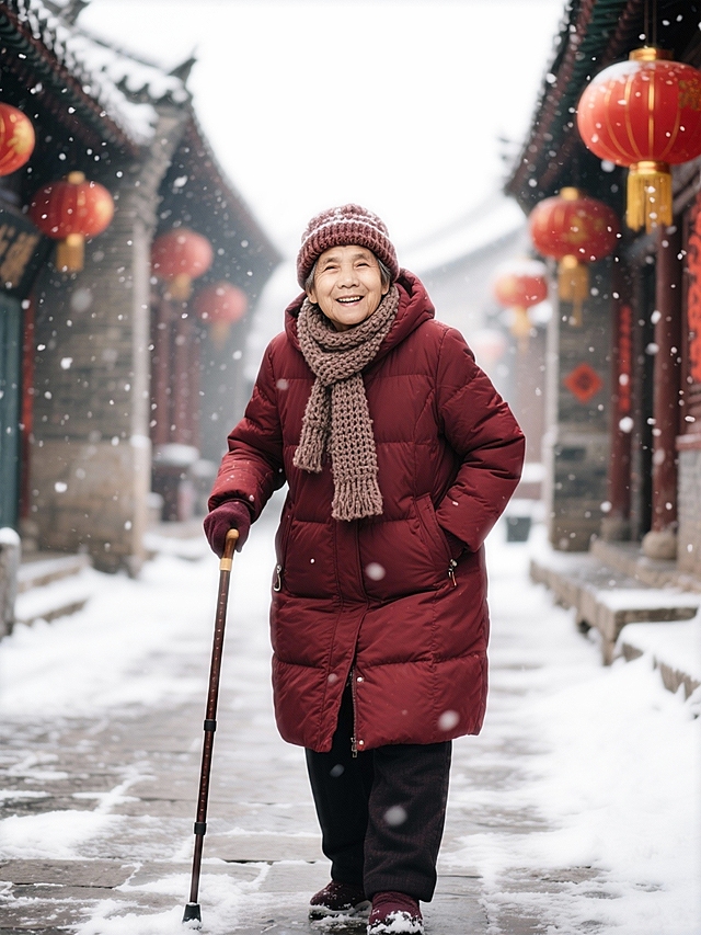 雪落古巷，红灯映笑颜，国潮风与轻拟物设计交融，中式复古感中透出喜庆实景，胶片质感定格冬日温情。