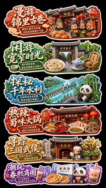一张电商直播切片横版合集图，整图纯黑色背景，整齐排布6款独立异形旅游美食主题贴纸，统一3D卡通风格、OC渲染材质、色彩丰富高饱和度、立体分层效果、自带加厚轮廓描边、每张贴纸独立造型互不重叠；1. 第一预览效果