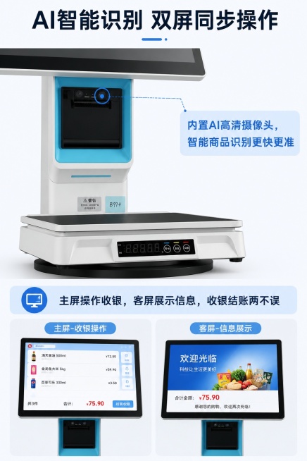 [第5屏] 核心功能实测页，演示AI摄像头识别与双屏同步操作。本屏使用【图4】展示AI摄像头位置
[氛围/风格] 功能演示风，直观清晰，突出AI智能体验
[元素布局] 顶部大标题，中部特写AI摄像头区预览效果