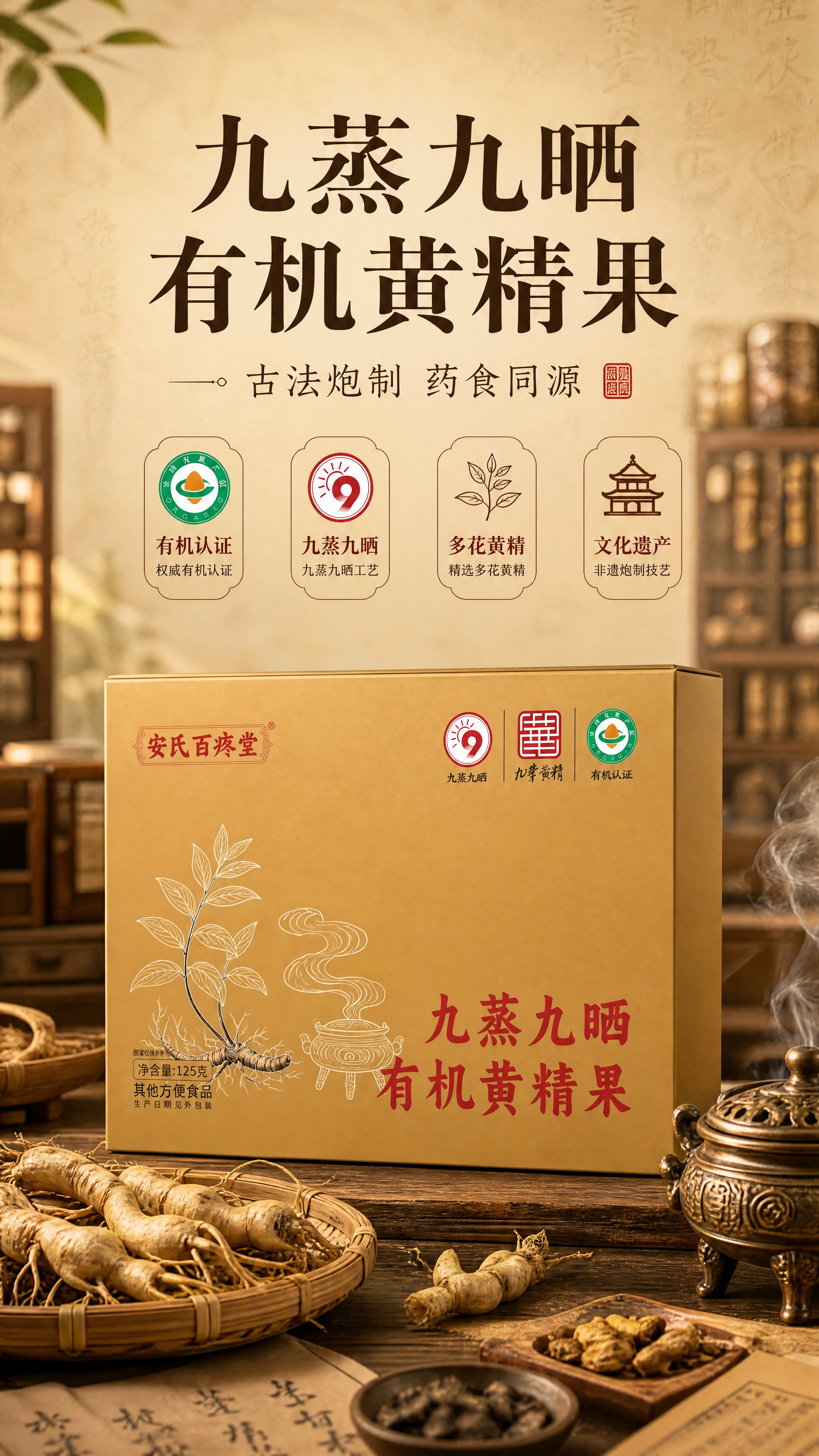 [商品] 使用【图1】九蒸九晒有机黄精果外盒正面图；保留土黄色… - 图片创意预览