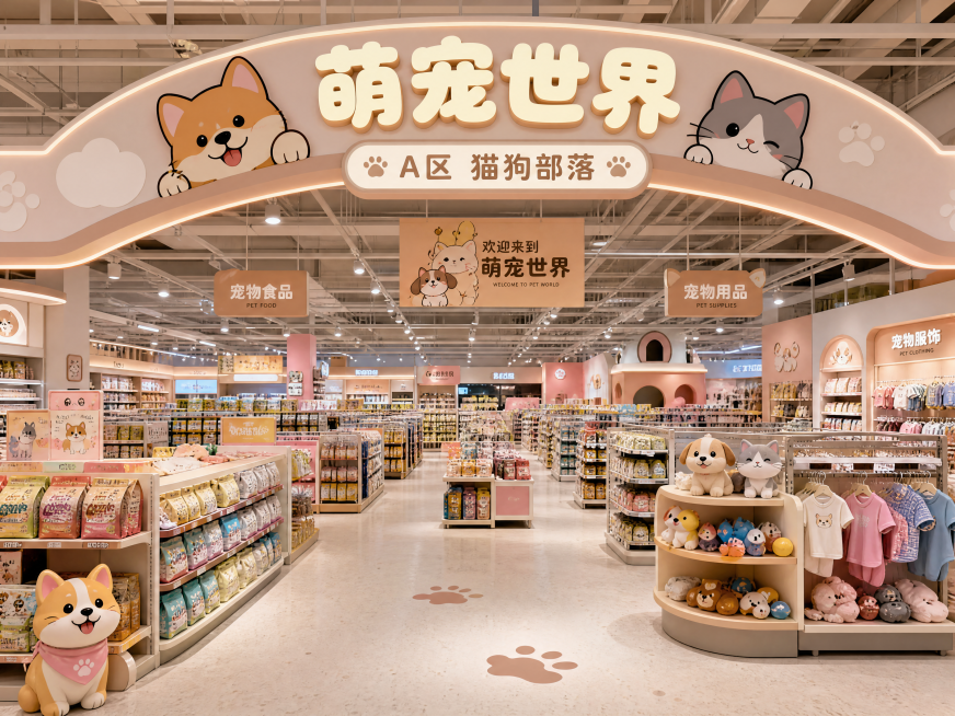 萌宠世界A区猫狗部落开架式零售大空间超市效果图，主营宠物食品玩具服装用品，开架式大空间格局，软萌可爱装修风格预览效果