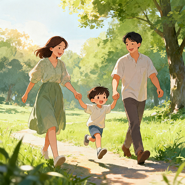 温馨的插画，画面背景为清新的户外自然场景，树木草地绿意盎然，阳光柔和温暖，画面内容为充满温馨感的三口之家户外出游，父母陪伴孩子一起漫步，整体氛围幸福治愈，插画风格柔和细腻