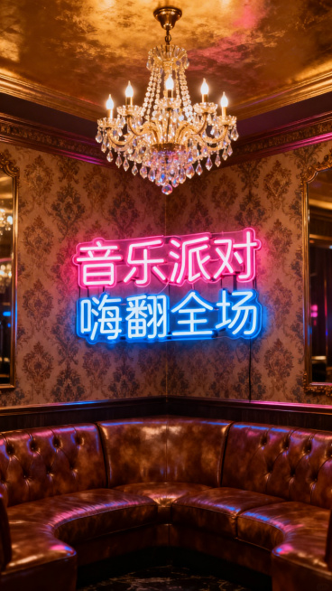 西安KTV轻奢包间，水晶吊灯，复古风格装修，搭配潮流氛围感文字，无公司名称、联系方式、二维码预览效果