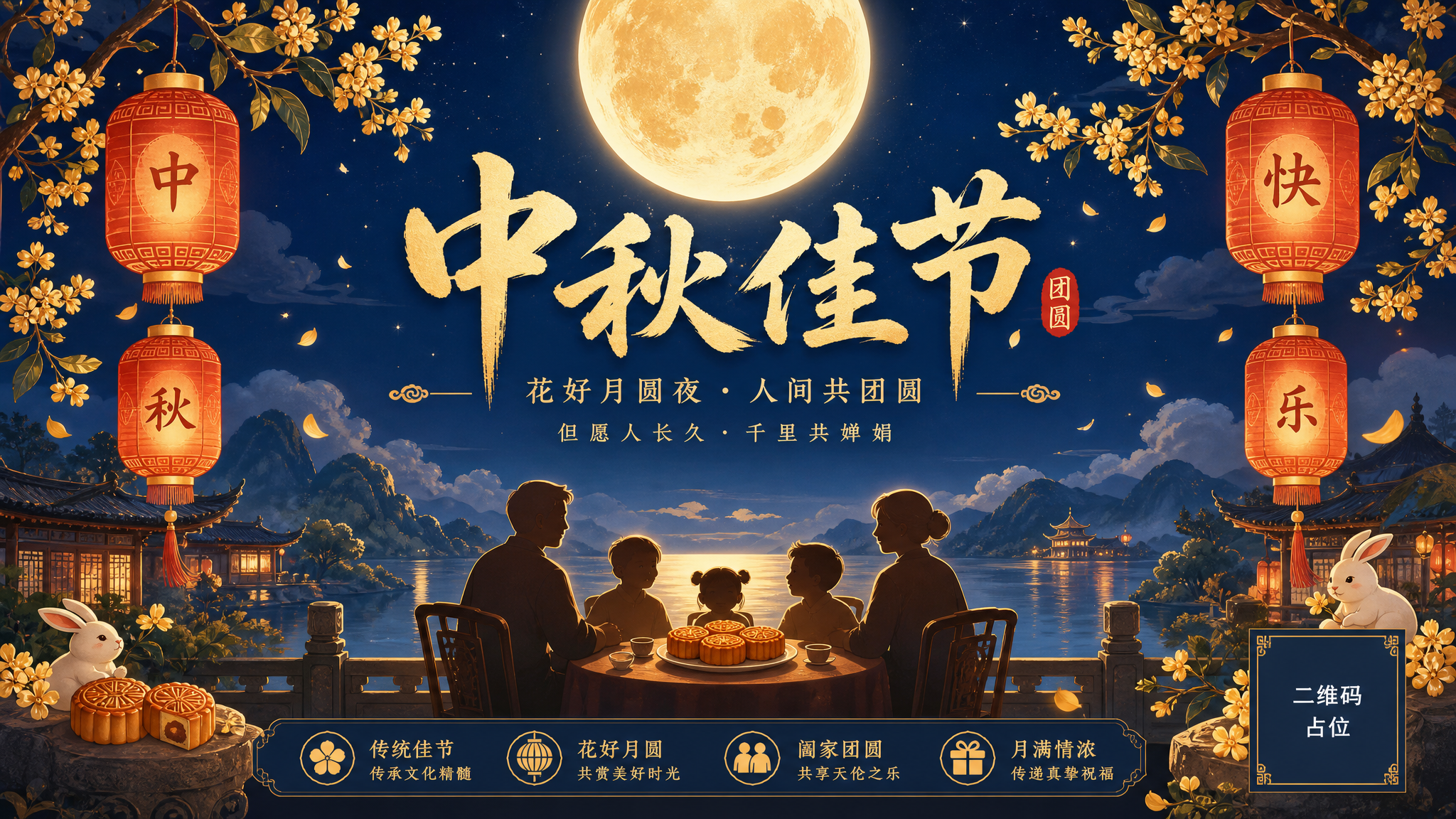 中秋主题公众号封面图，国风插画风格，排版简洁。画面中央主标题文… - 图片创意预览