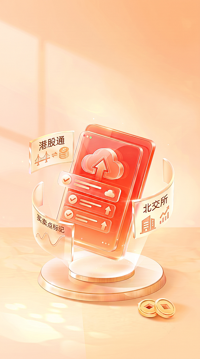 基于原图，在买卖点标记区域保留折线图，仅移除所有红色蓝色买卖点和勾选图标，保留文字买卖点标记，维持原暖色调立体玻璃风格和其他内容不变