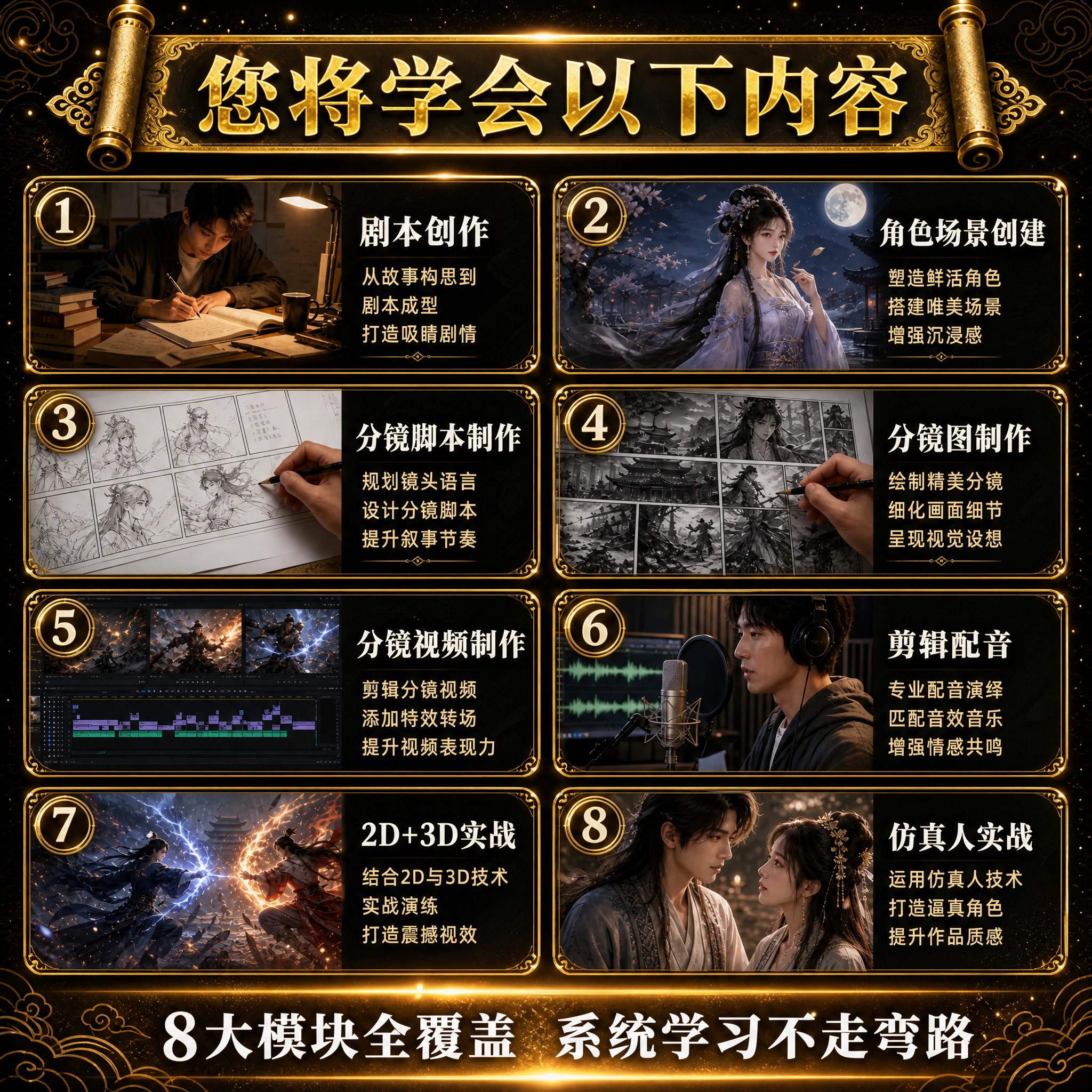 [主图-1] 8大模块漫剧课程 模块总览首图。拼多多电商主图，… - 图片创意预览