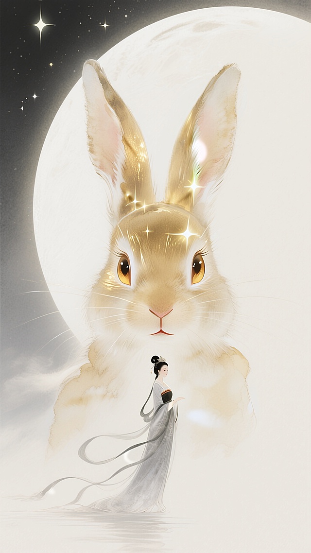 一个巨大的兔子眼睛看着下方的嫦娥（全身），烟雾遮挡露出朦胧的兔头，兔子眼睛有星光效果，浑身金色发光拉丝效果，光细腻如发丝，大面积留白，概念视觉，朦胧，梦幻，对称构图，极致的大小对比，金色调，银白月亮与群星点缀做背景