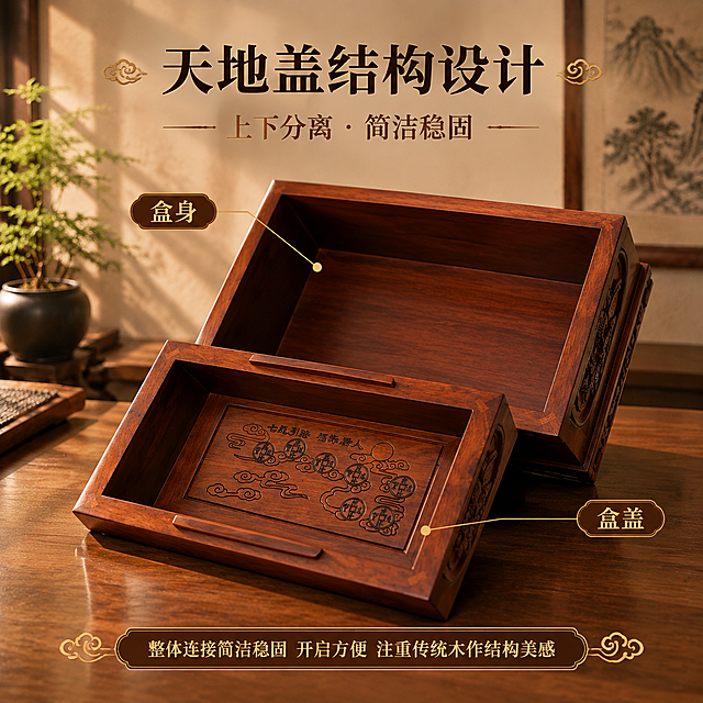 [主图-5 结构展示] 展示天地盖结构设计，上下分离式结构，开启方便连接稳固。
[统一基调] 风格=东方传统美学商业摄影；主色=古夷苏木红棕木色；背景延展=暖棕渐变+中式木桌场景；标题字=宋体衬线粗体；标题色=深棕近黑；辅助字色=中暖棕；强调色=暗金色；组件=圆角木色信息卡、细金线引线、传统纹样装饰；光影=左前侧暖柔光，侧逆光勾勒轮廓。
[画面] 产品呈开盖状态斜45度摆放，占画面约55%，盒盖置于盒身前下方，清晰展示天地盖上下分离结构与内部空间；背景为中式木桌桌面，左侧文竹盆栽，后方墙面挂画虚化，暖光从侧方照入突出结构层次。
[光影质感] 商业摄影质感，暖光均匀照射，盒盖与盒身接缝清晰，内部空间有自然明暗过渡，木纹质感温润。
[配色] 主色红棕木色，背景暖米棕桌面，强调色暗金用于引线与标注，整体暖调简洁。
[文字版式] 上方主标题"天地盖结构设计"，副标题"上下分离 · 简洁稳固"；用暗金细引线分别标注"盒盖"与"盒身"，指向对应部位；下方说明文字："整体连接简洁稳固 开启方便 注重传统木作结构美感"；所有文字横排。
[输出要求] 800×800 1:1正方形，4K，文字清晰可读，产品不变形不变色；负向：变形、错字、模糊、冷蓝背景、结构失真、产品变色、水印。