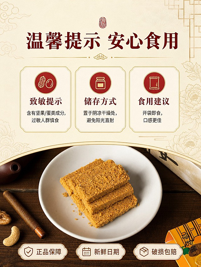 [商品] 使用【图7】贵妃御酥俯拍产品实拍；保留产品金黄色酥松外观、白盘、木质桌面、坚果；只做排版融合，不修改产品外观、不重绘产品、不调色。
[画面] 目标：温馨提示收尾页；上方2/3为3个提示卡片，下方1/3为产品俯拍图；背景为浅米黄色唐风底纹；3个圆角信息卡横向排列，金色描边；整体干净清晰，建立信任感；≥3层视觉层次。
[视觉] 套系策略：风格=唐风国潮食品详情页，暖调食欲感，产品实拍+国潮插画排版融合；标题字=商用免费书法宋体（思源宋体粗体）；正文字=商用免费无衬线体（思源黑体）；主色=中国红+暖金；背景延展=浅米黄底+唐风祥云/窗格/牡丹线稿做同色系深浅延展；强调色=暖金色，仅用于小面积图标、引线、标签描边；标题色=深棕红；正文色=深褐色；组件=圆角米白底信息卡、金色细线引线、印章式标签；光影=左前侧暖柔光，产品保留原光影不调色。
[文字] 顶部主标题「温馨提示 安心食用」；3个横向信息卡分别为：致敏提示（含有坚果/蛋类成分，过敏人群慎食）、储存方式（置于阴凉干燥处，避免阳光直射）、食用建议（开袋即食，口感更佳）；底部3个小标签：正品保障、新鲜日期、破损包赔；所有文字横排，手机端可读。
[规格] 图片比例3:4竖版，4K分辨率；负向：禁止修改产品外观、禁止重绘产品、禁止调色、禁止竖排主标题、禁止极限词、禁止二维码/平台Logo、禁止文字过小、禁止产品变形、禁止虚假承诺。