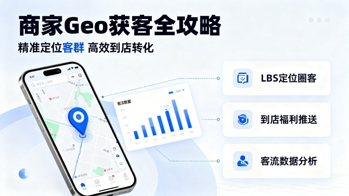 商家利用geo获客主题横版海报，商务科技风格，画面包含地图定位标识、手机界面、客流数据图表元素，文案有主标题“商家Geo获客全攻略”，副标题“精准定位客群 高效到店转化”，搭配“LBS定位圈客”“到店预览效果