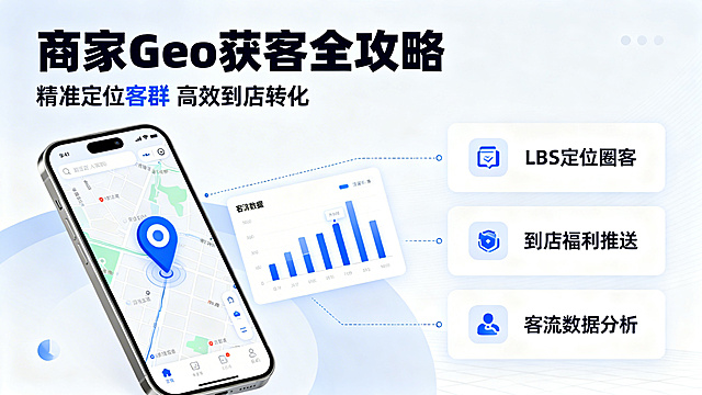 商家利用geo获客主题横版海报，商务科技风格，画面包含地图定位标识、手机界面、客流数据图表元素，文案有主标题“商家Geo获客全攻略”，副标题“精准定位客群 高效到店转化”，搭配“LBS定位圈客”“到店福利推送”“客流数据分析”三个核心模块，整体配色为蓝白科技感，排版清晰专业