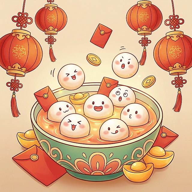可爱风格元宵元素图，包含拟人化汤圆、元宵灯笼、金元宝等元素，风格参考上传的图片