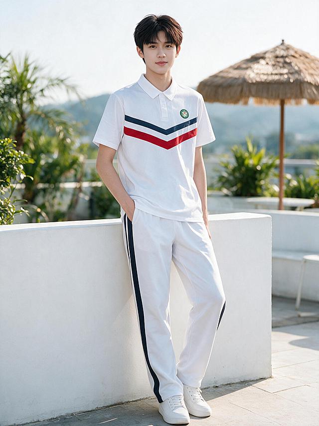 户外夏日露台上，一名中学男生全身照。模特保持参考图1的面容（深棕色微分碎盖短发，白皙皮肤，剑眉杏眼，清秀俊朗）和自然气质，穿着图2这套校服：白色短袖polo领上衣（两颗白色纽扣，左胸绿色圆形校徽带白色飞鸟和书本图案，胸前深海军蓝细条和正红色宽条组成的V形条纹），白色直筒运动长裤（裤腿外侧各有一条宽幅深海军蓝竖条纹，松紧腰），脚穿白色小白鞋。模特倚靠白色矮墙，单手插兜，重心在左脚，右腿微屈，面对镜头淡淡微笑。背景是户外夏日露台，绿色植物、茅草伞、远山，景深虚化，自然明亮日光，清新学院风，电商服装实拍，高清写实，细节丰富，全身完整入镜