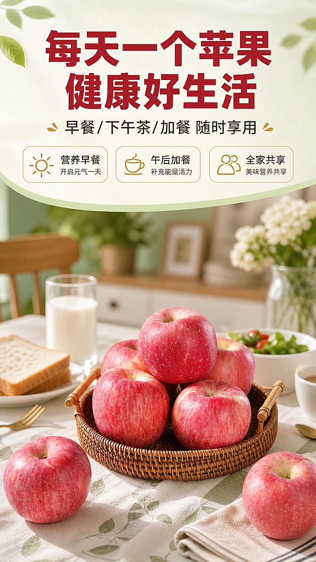 [商品] 使用【图1】陕西红富士苹果整果场景图；保留苹果的红色果皮、白色果点、圆润果形、真实大小比例和自然光泽，苹果颜色和纹理不改变。
[画面] 目标：食用场景页，日常居家食用场景种草。构图：场景沉浸型，苹果融入温馨居家餐桌场景。主体苹果和果盘占画面约55%，位于画面中下部。场景为居家餐桌，搭配早餐元素（牛奶杯、面包片、餐具），营造健康早餐/下午茶氛围。背景为温馨的居家环境虚化，形成前景苹果+中景餐桌食物+背景居家环境3层景深。
[视觉] 套系策略：风格=生鲜农特清新自然商业摄影风；标题字=粗黑体厚重有力；正文字=简洁无衬线体；主色=苹果红+自然绿；背景延展=基于浅绿+米白做深浅层级、同色渐变和细腻纸张/织物质感；强调色=暖金色，仅用于小面积图标、引线和标签；标题色=深苹果红；正文色=深暖灰；组件=圆角浅底信息卡、细线引线、小图标；光影=自然暖光，温馨明亮。
[文字] 画面上方主标题"每天一个苹果 健康好生活"，副标题"早餐/下午茶/加餐 随时享用"，下方3个场景标签："营养早餐"、"午后加餐"、"全家共享"。文字区位于画面上方约25%区域，全部横排，字号保证手机端清晰可读，不遮挡苹果和场景主体。
[规格] 图片比例9:16竖版，4K，避免变形、错字、文字过小、苹果颜色改变、果形失真、冷蓝/蓝灰背景、绝对化用语。